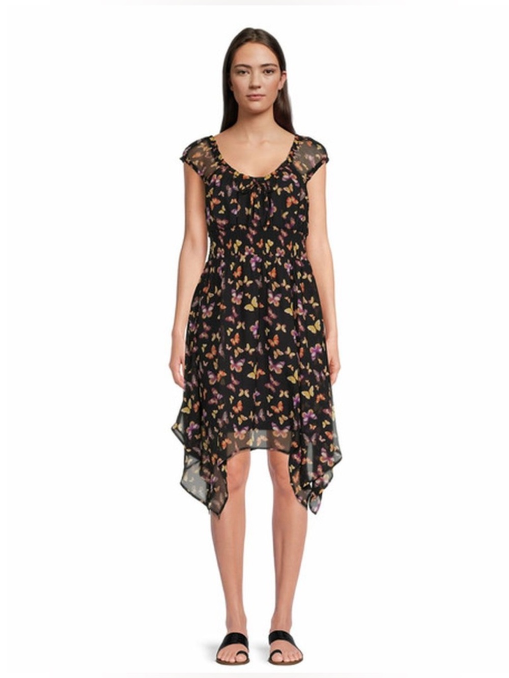 No Boundaries Black Butterfly-Print Asymmetrical Sundress Dress Large (11-13)